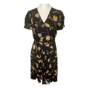 Modcloth Yellow Purple Black Floral Faux Wrap A Line Midi Dress Women's Size XXS